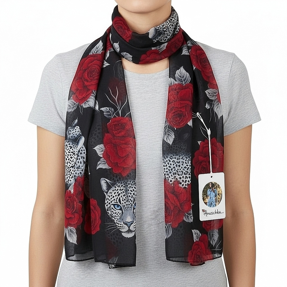 Anuschka Oblong Floral Leopard Print Scarf Red Rose & Black‎ Elegant Accessory